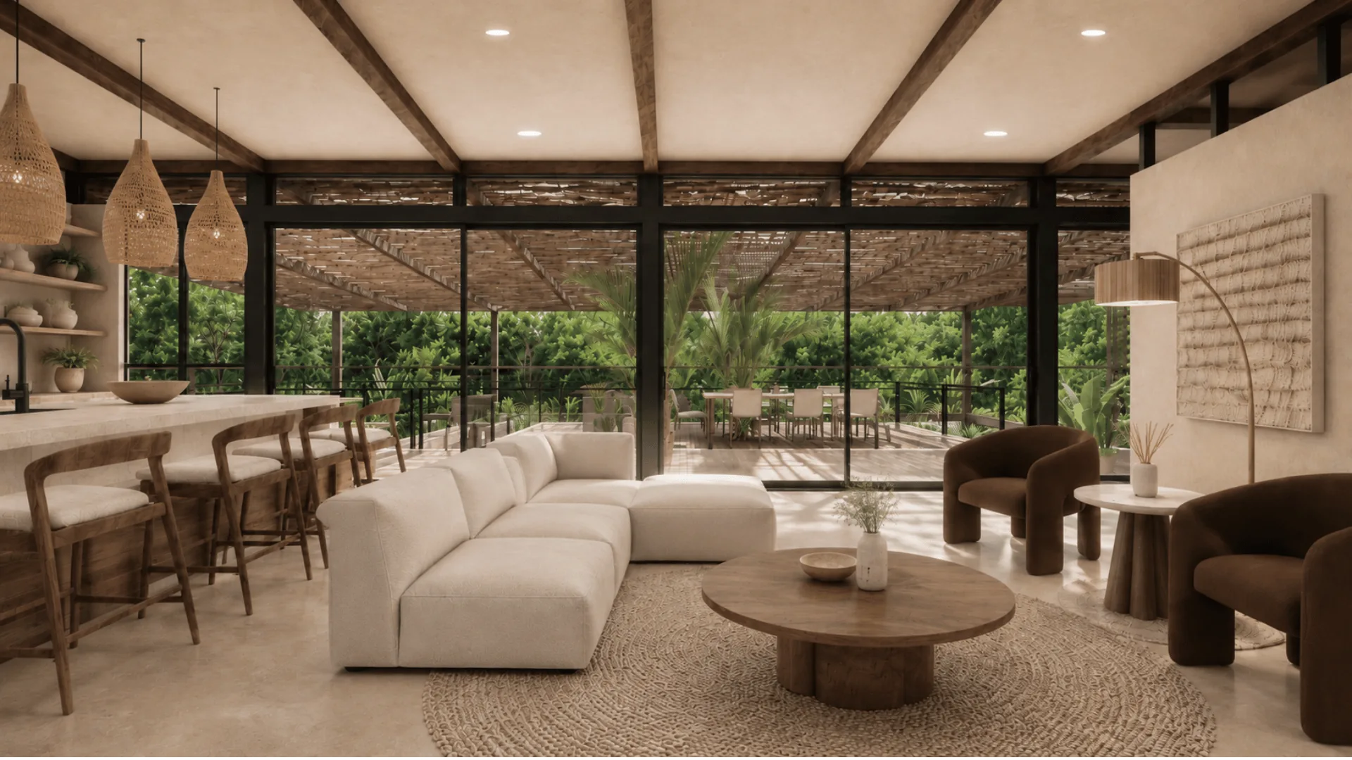 Jardín Eterno living room opening onto the covered wooden terrace