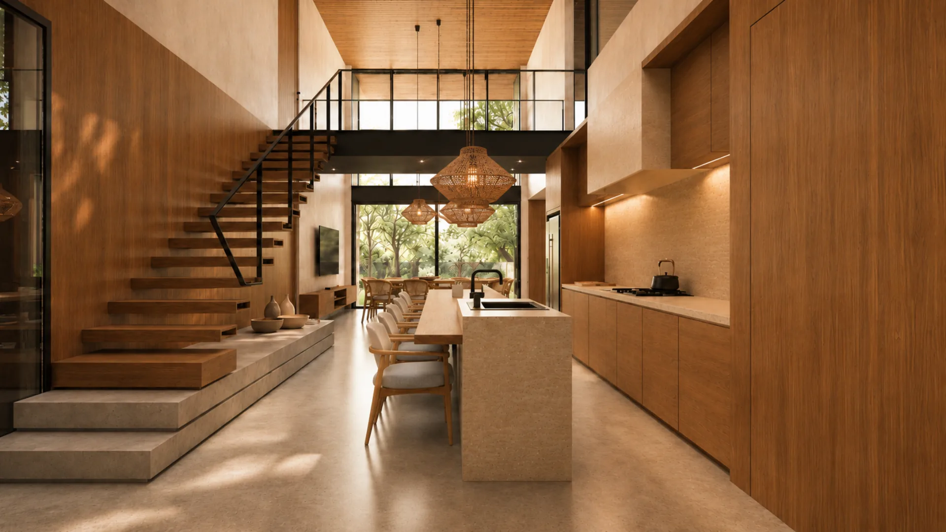 Casa Iki interior bridge above the kitchen and stair