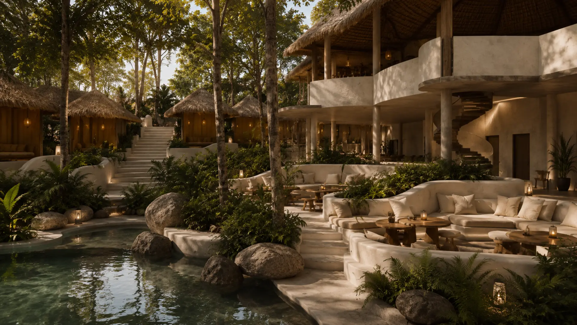 La Colmena pool and open-air lounge at golden hour