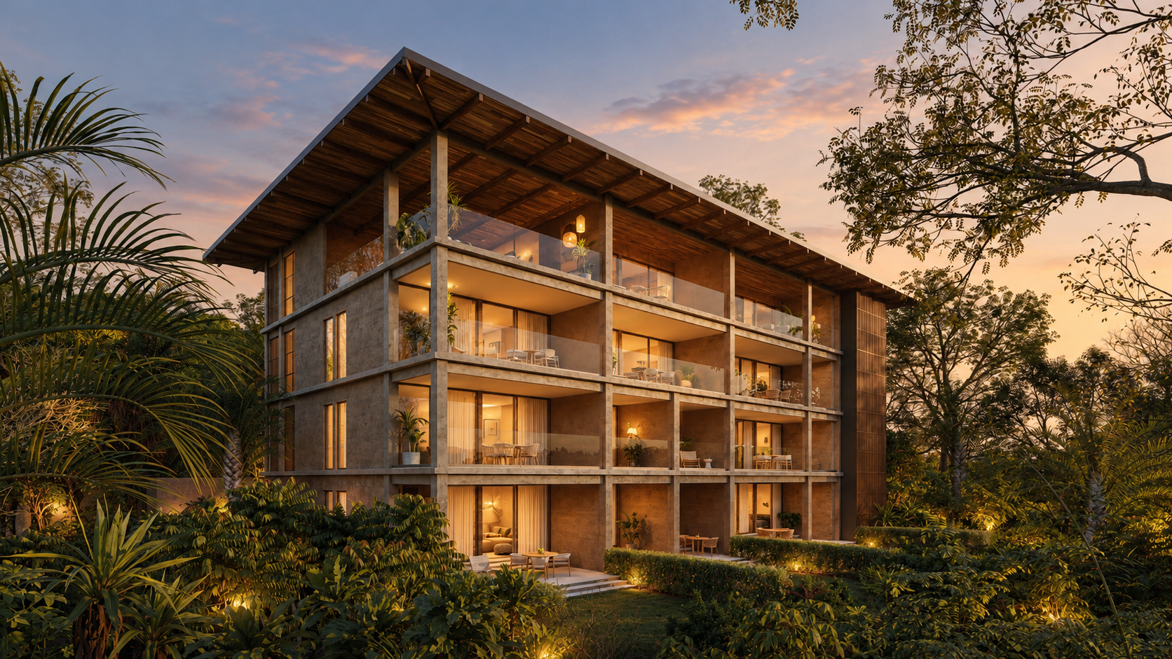 Los Nidos condominiums at dusk, surrounded by tropical planting