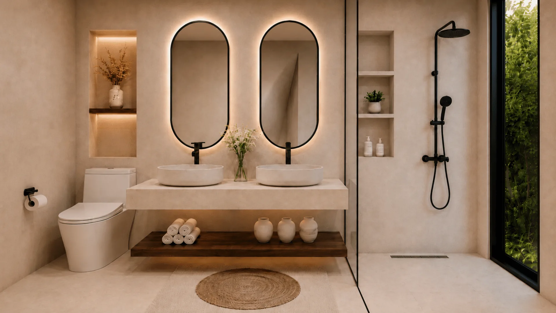 Jardín Eterno bath with twin backlit mirrors and vessel sinks