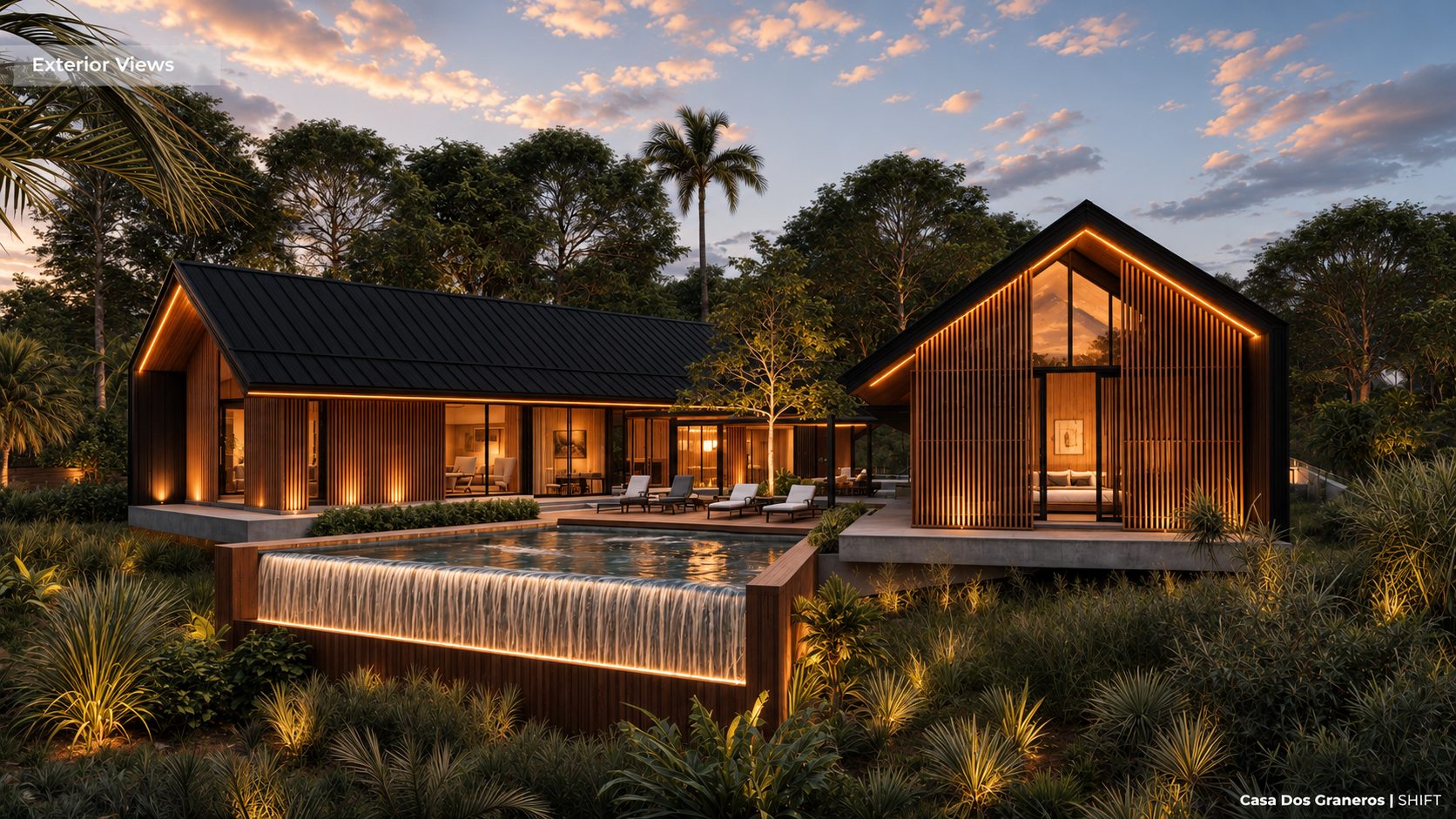Casa Dos Graneros exterior with infinity pool at sunset