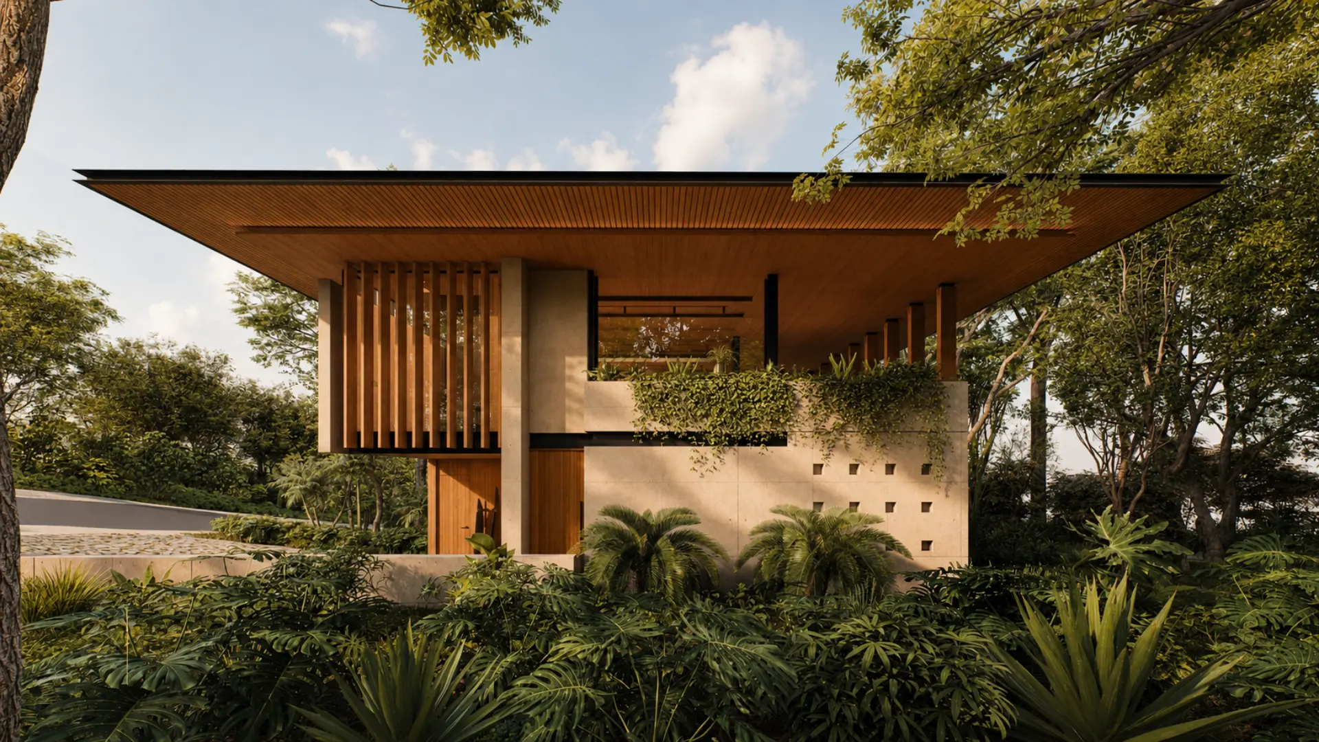 Casa Iki exterior in the Blanc palette, deep roof overhang and planted terrace